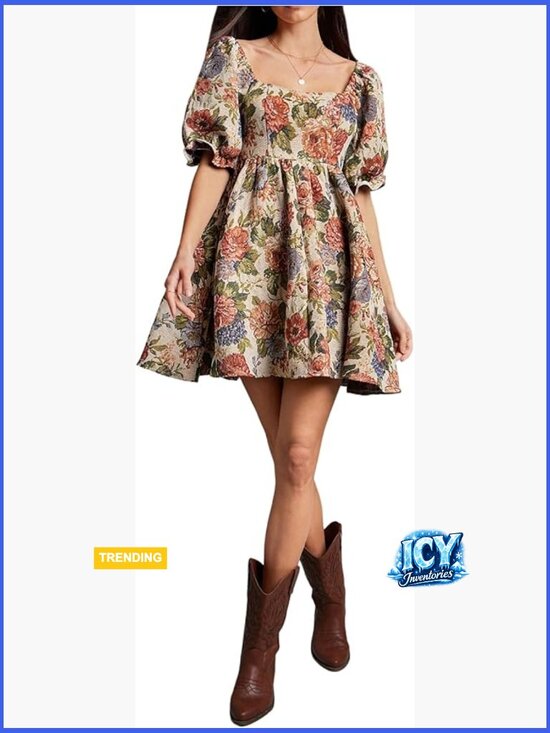 Dresses & Skirts - Women's Floral Square Neck Ruffle Short Dress Puff Sleeve Smocked A-Line